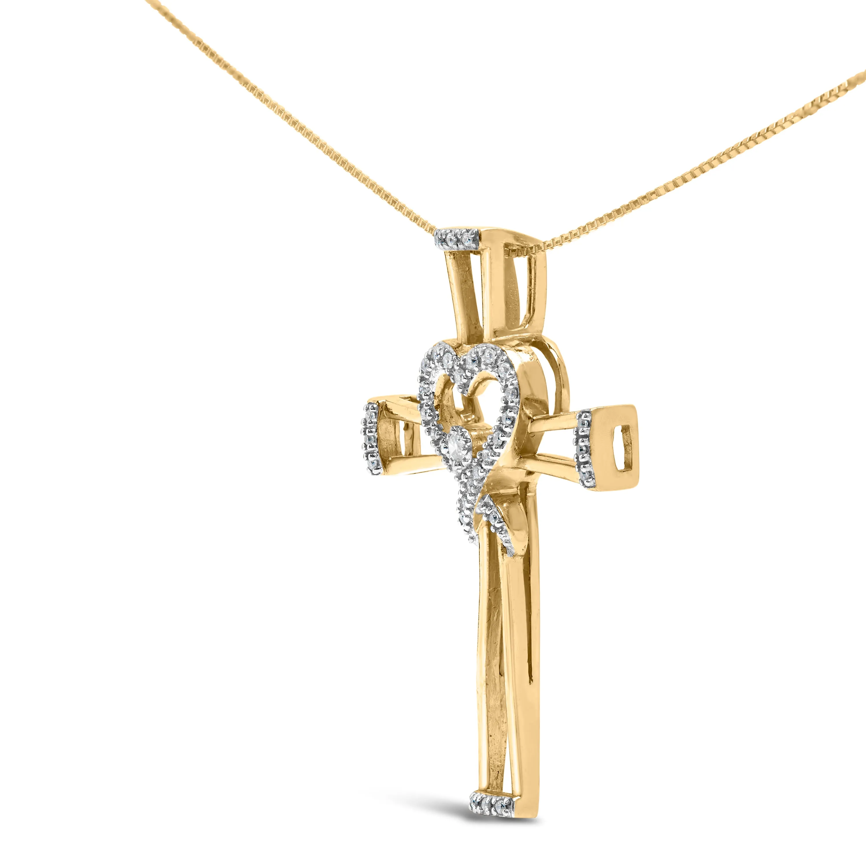 14K Yellow Gold Plated .925 Sterling Silver 1/6 Cttw Diamond Interlocking Heart and Ribbon Cross Pendant Necklace