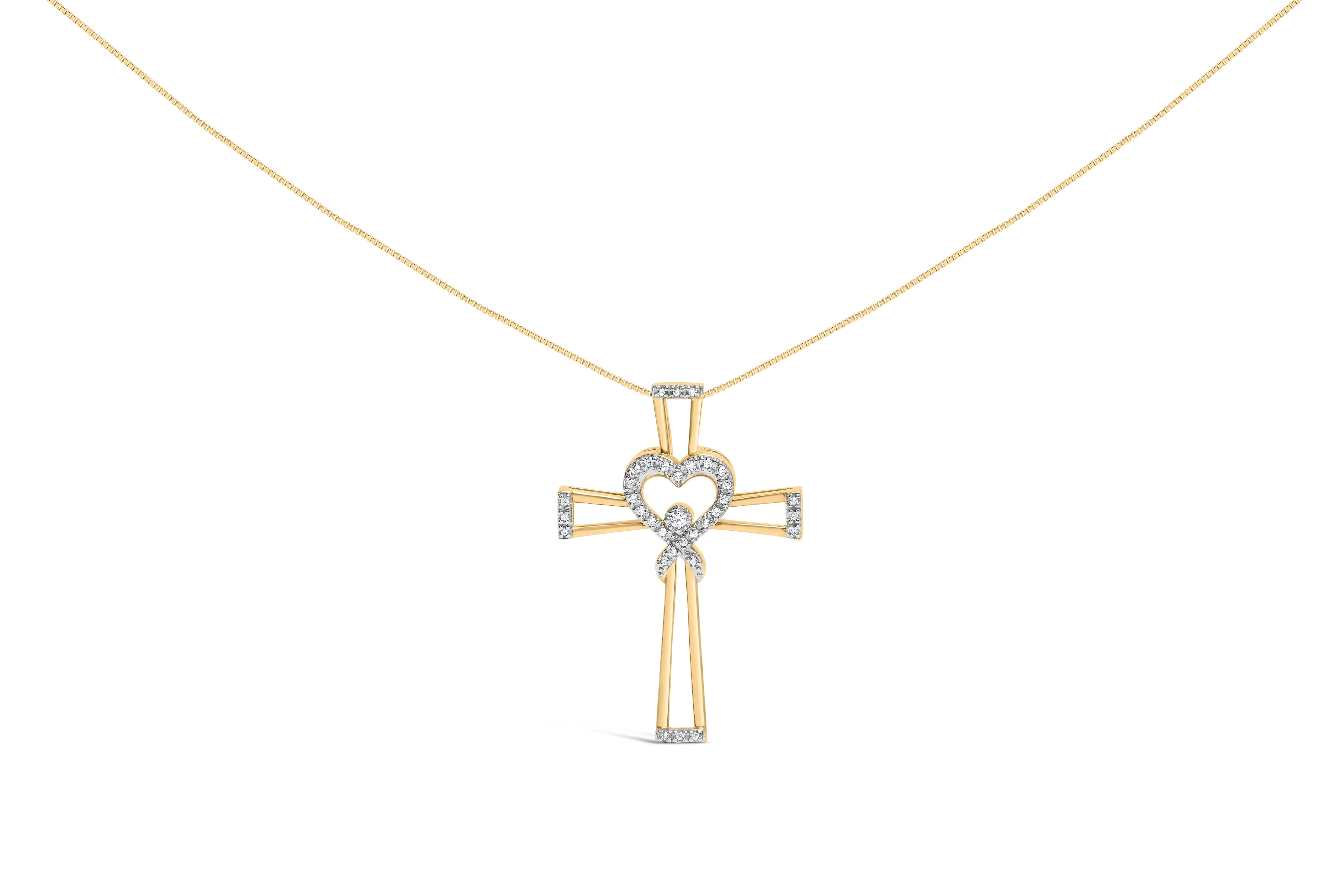 14K Yellow Gold Plated .925 Sterling Silver 1/6 Cttw Diamond Interlocking Heart and Ribbon Cross Pendant Necklace
