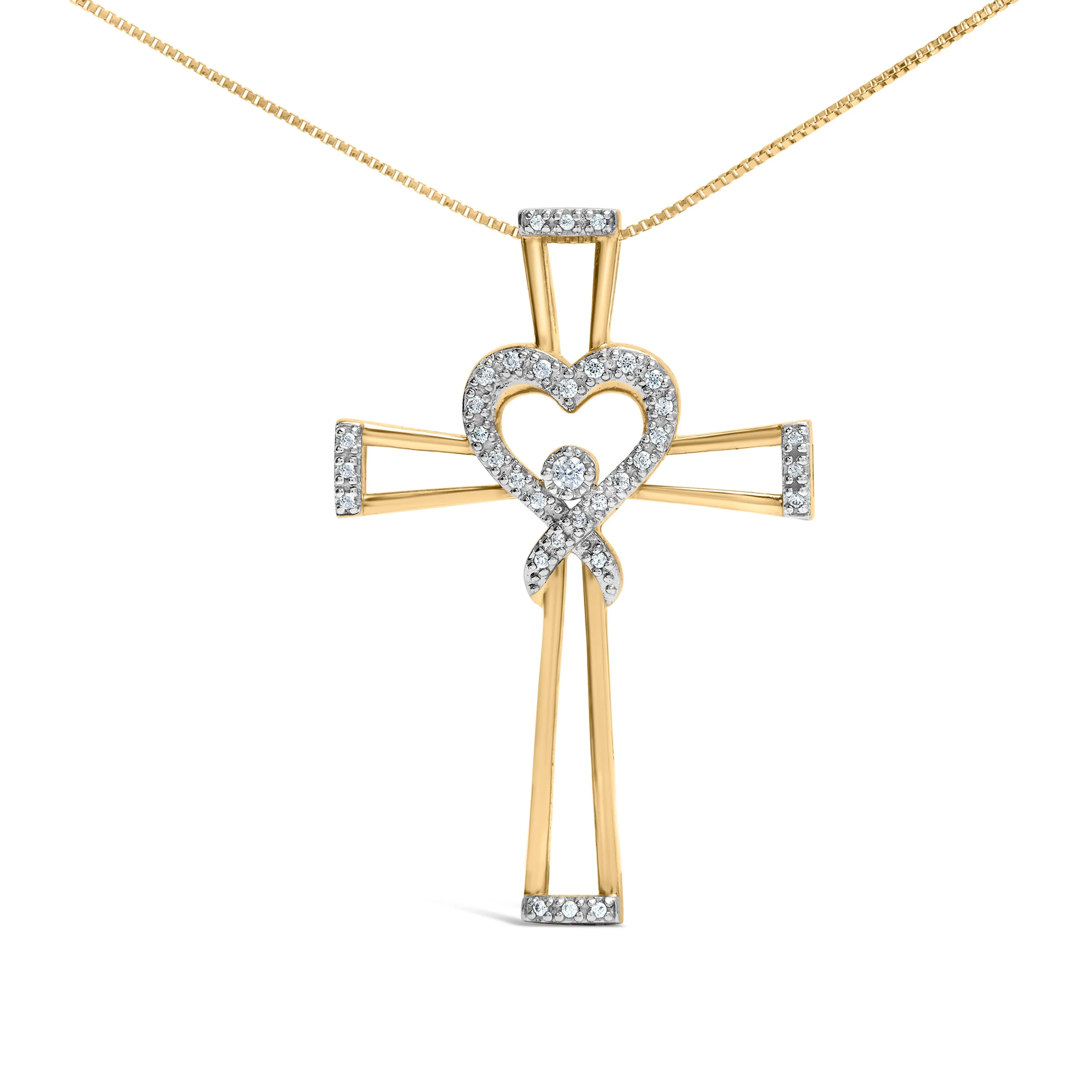 14K Yellow Gold Plated .925 Sterling Silver 1/6 Cttw Diamond Interlocking Heart and Ribbon Cross Pendant Necklace