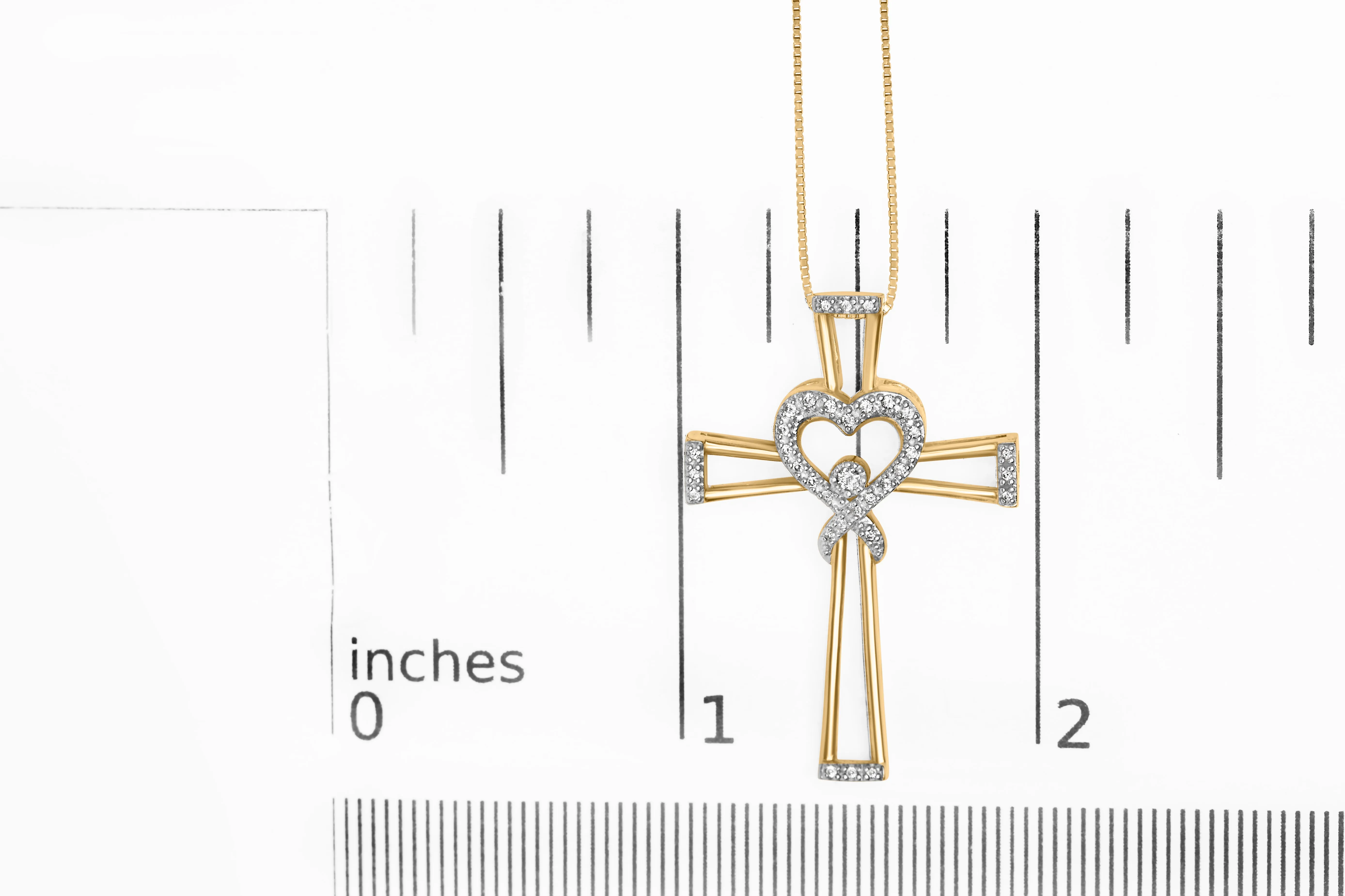 14K Yellow Gold Plated .925 Sterling Silver 1/6 Cttw Diamond Interlocking Heart and Ribbon Cross Pendant Necklace