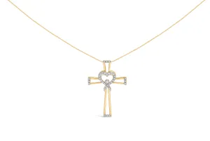 14K Yellow Gold Plated .925 Sterling Silver 1/6 Cttw Diamond Interlocking Heart and Ribbon Cross Pendant Necklace