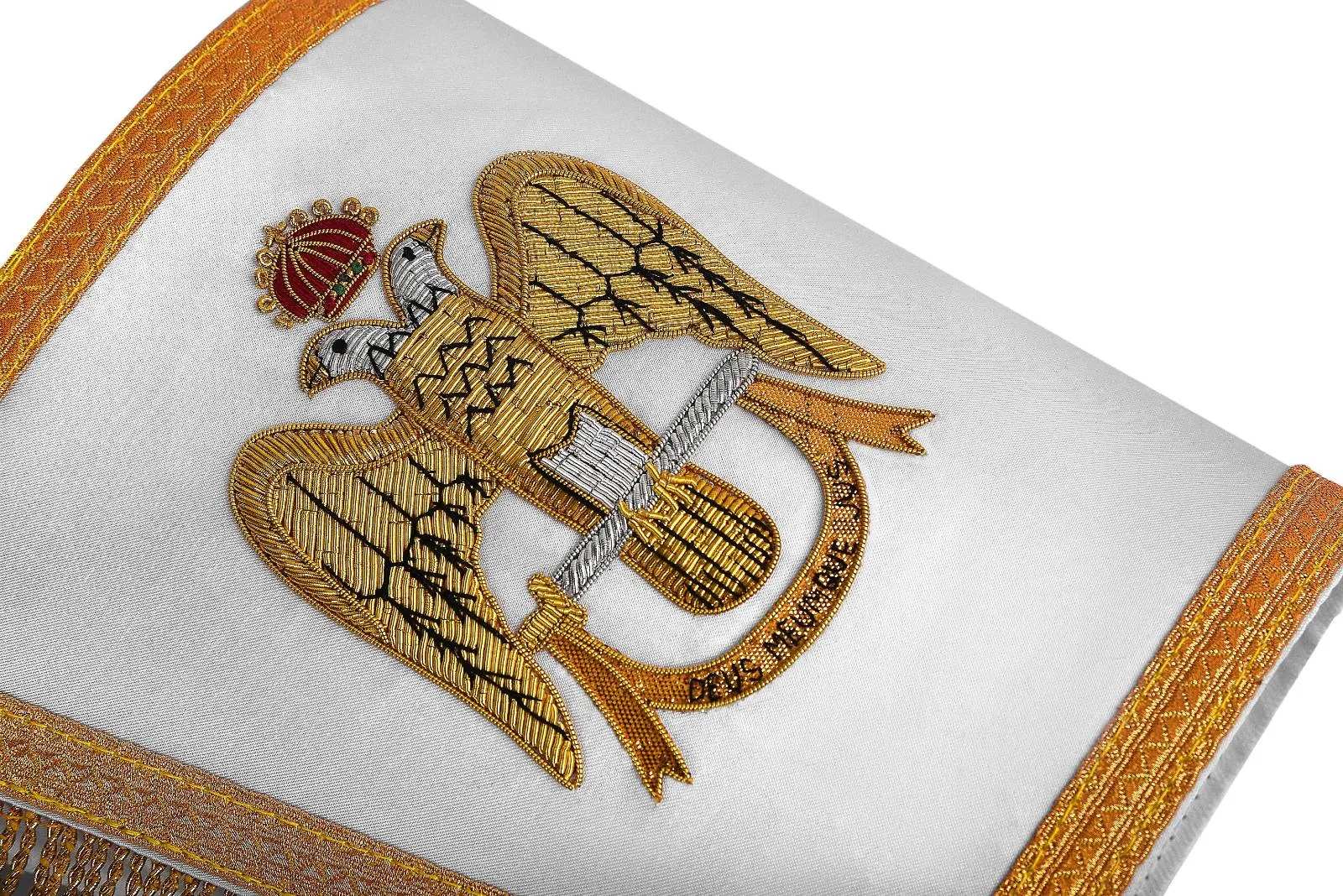 33rd Degree Scottish Rite Cuff - White Silk with Hand Embroidery Gold Bullion