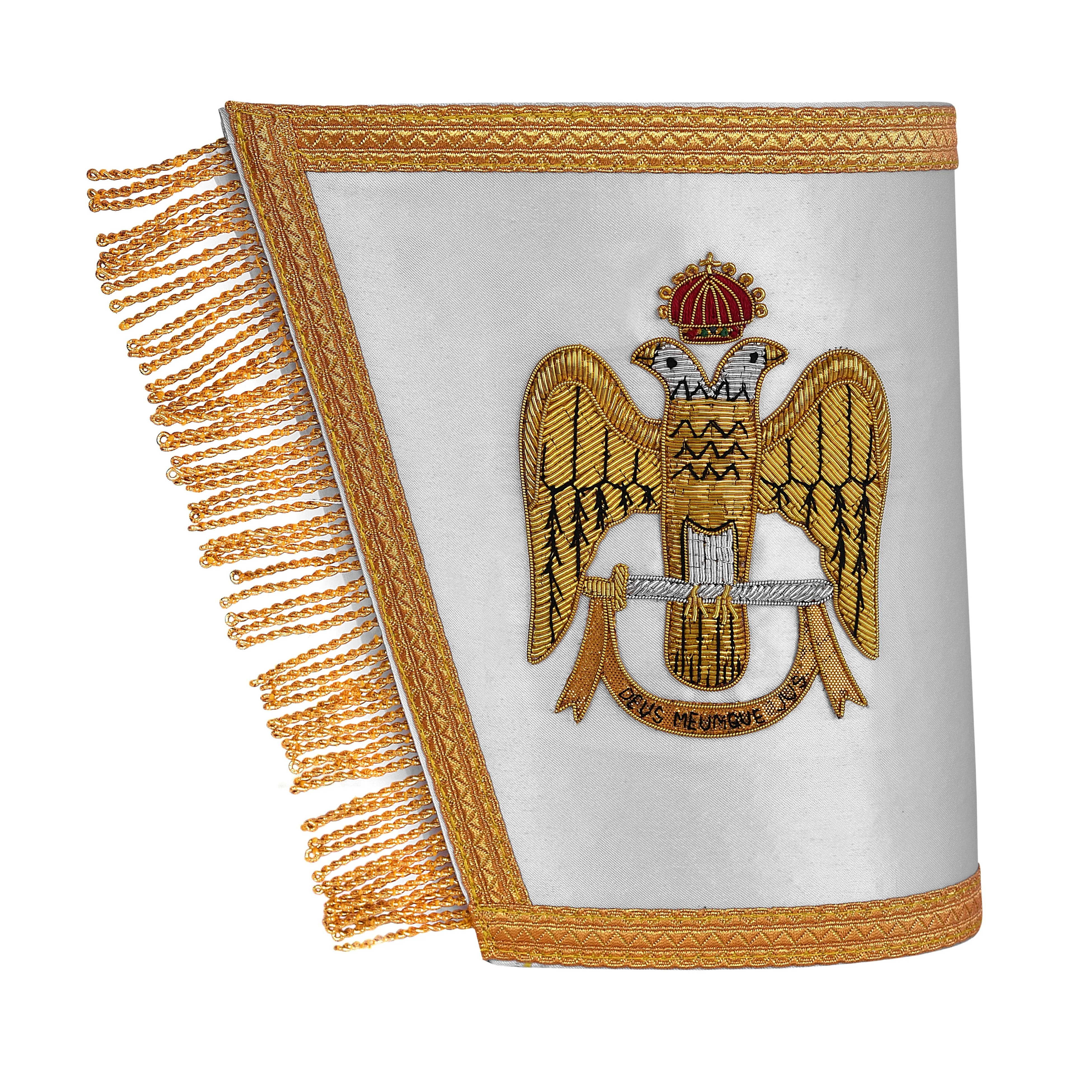 33rd Degree Scottish Rite Cuff - White Silk with Hand Embroidery Gold Bullion