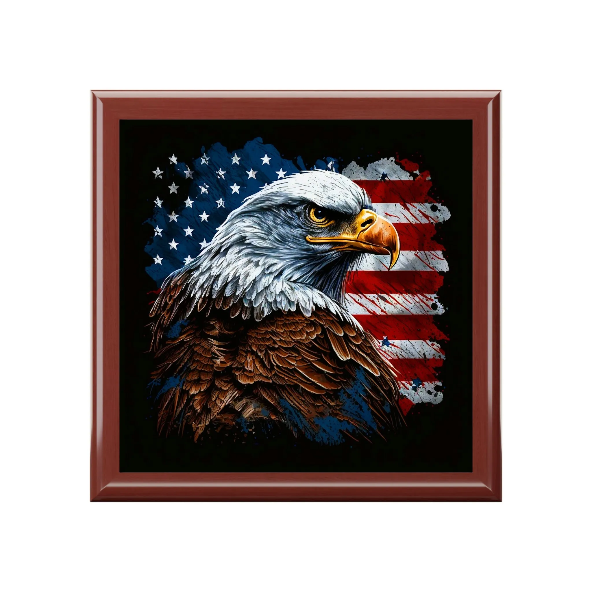 American Bald Eagle Flag Wood Keepsake Jewelry Box with Ceramic Tile Cover