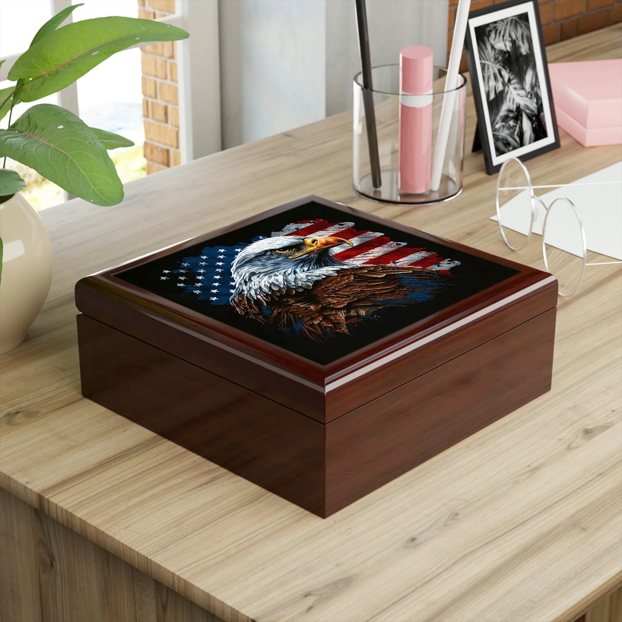 American Bald Eagle Flag Wood Keepsake Jewelry Box with Ceramic Tile Cover
