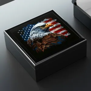 American Bald Eagle Flag Wood Keepsake Jewelry Box with Ceramic Tile Cover