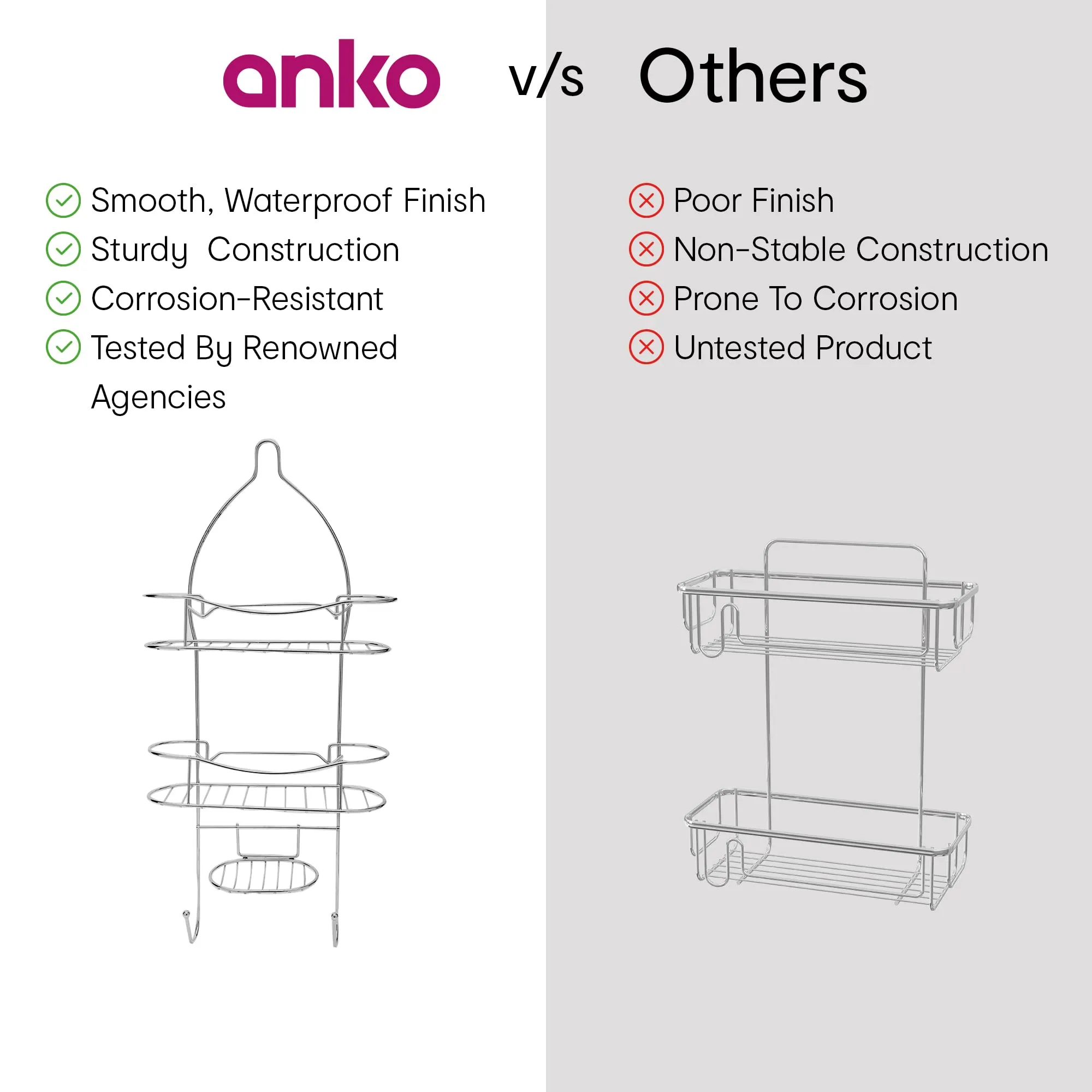 Anko Chrome Plated Bathroom Organizer Hanging Organizer | 3-Layer Bathroom Shelf | Rust-Proof Hanging Shower Caddy | Shampoo & Soap Holder For Bathroom | Bathroom Rack | Silver | 24 Inches (H)