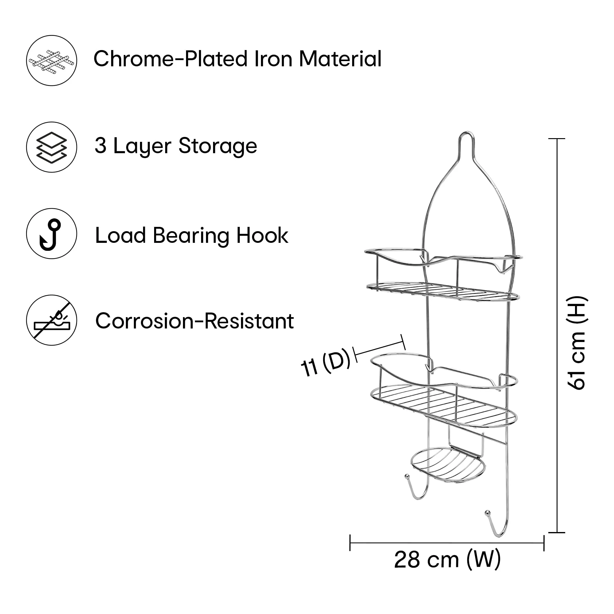 Anko Chrome Plated Bathroom Organizer Hanging Organizer | 3-Layer Bathroom Shelf | Rust-Proof Hanging Shower Caddy | Shampoo & Soap Holder For Bathroom | Bathroom Rack | Silver | 24 Inches (H)