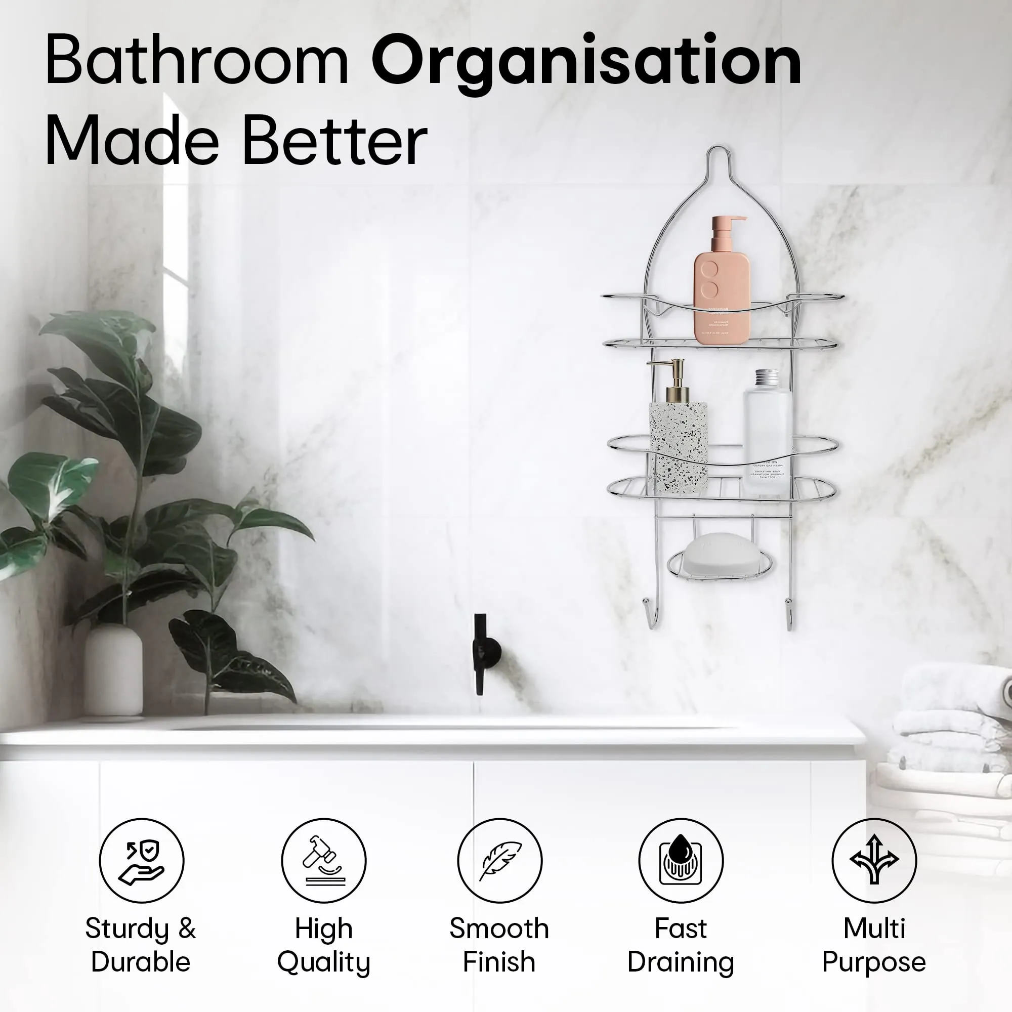 Anko Chrome Plated Bathroom Organizer Hanging Organizer | 3-Layer Bathroom Shelf | Rust-Proof Hanging Shower Caddy | Shampoo & Soap Holder For Bathroom | Bathroom Rack | Silver | 24 Inches (H)