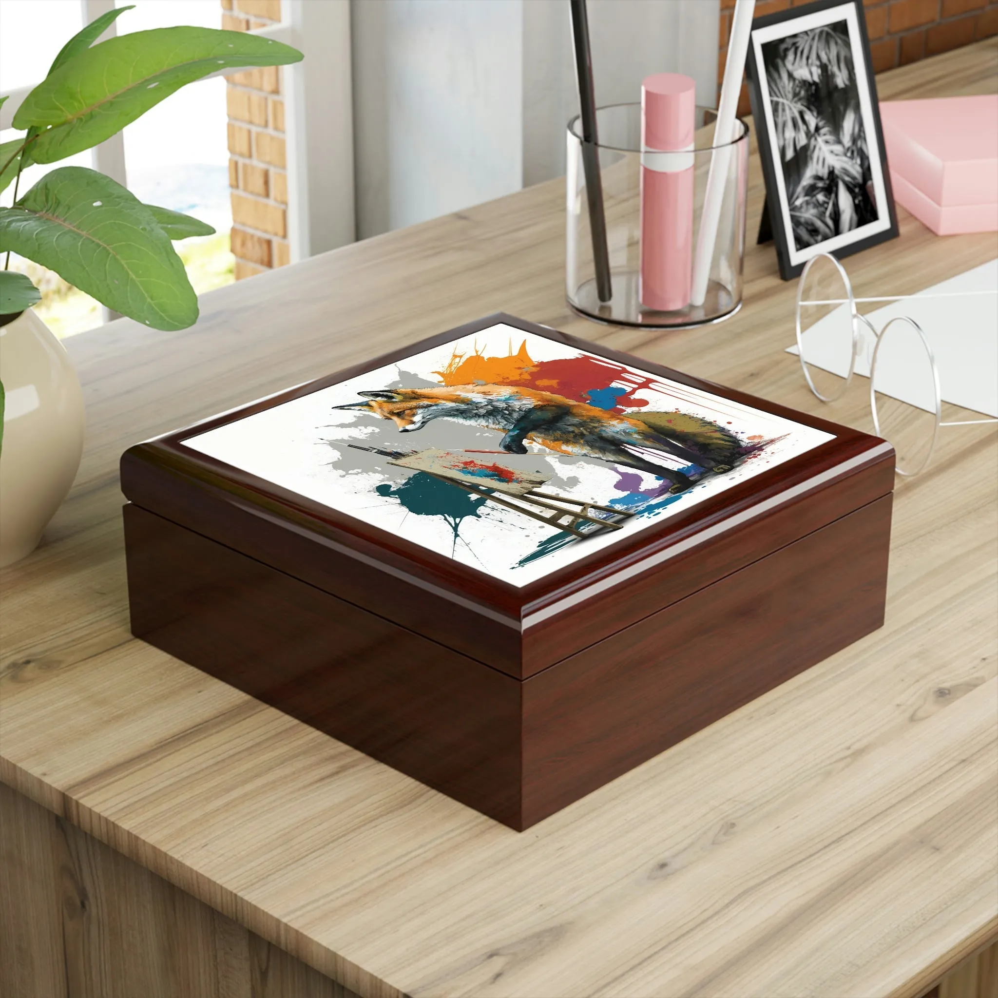 Artist Fox Wood Keepsake Jewelry Box with Ceramic Tile Cover