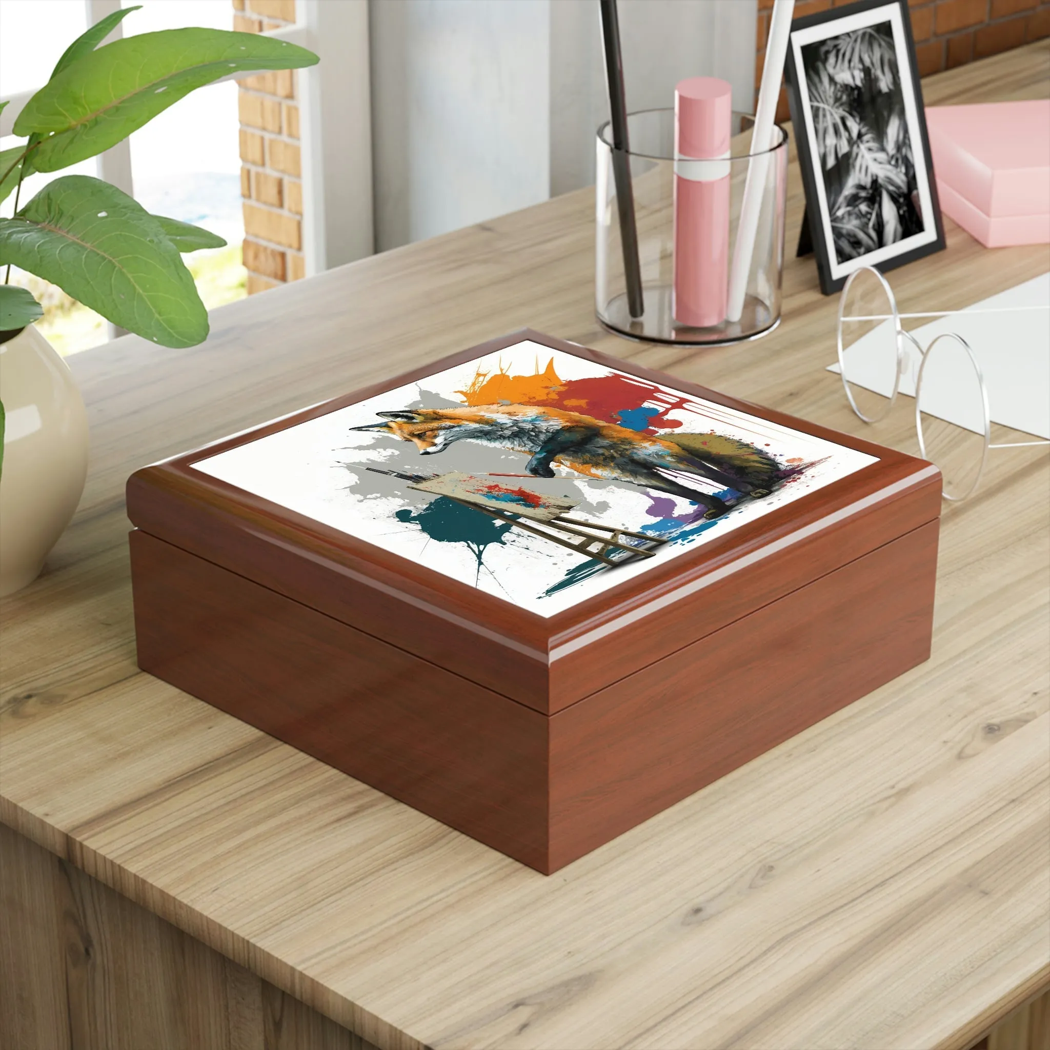 Artist Fox Wood Keepsake Jewelry Box with Ceramic Tile Cover