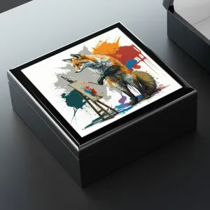 Artist Fox Wood Keepsake Jewelry Box with Ceramic Tile Cover