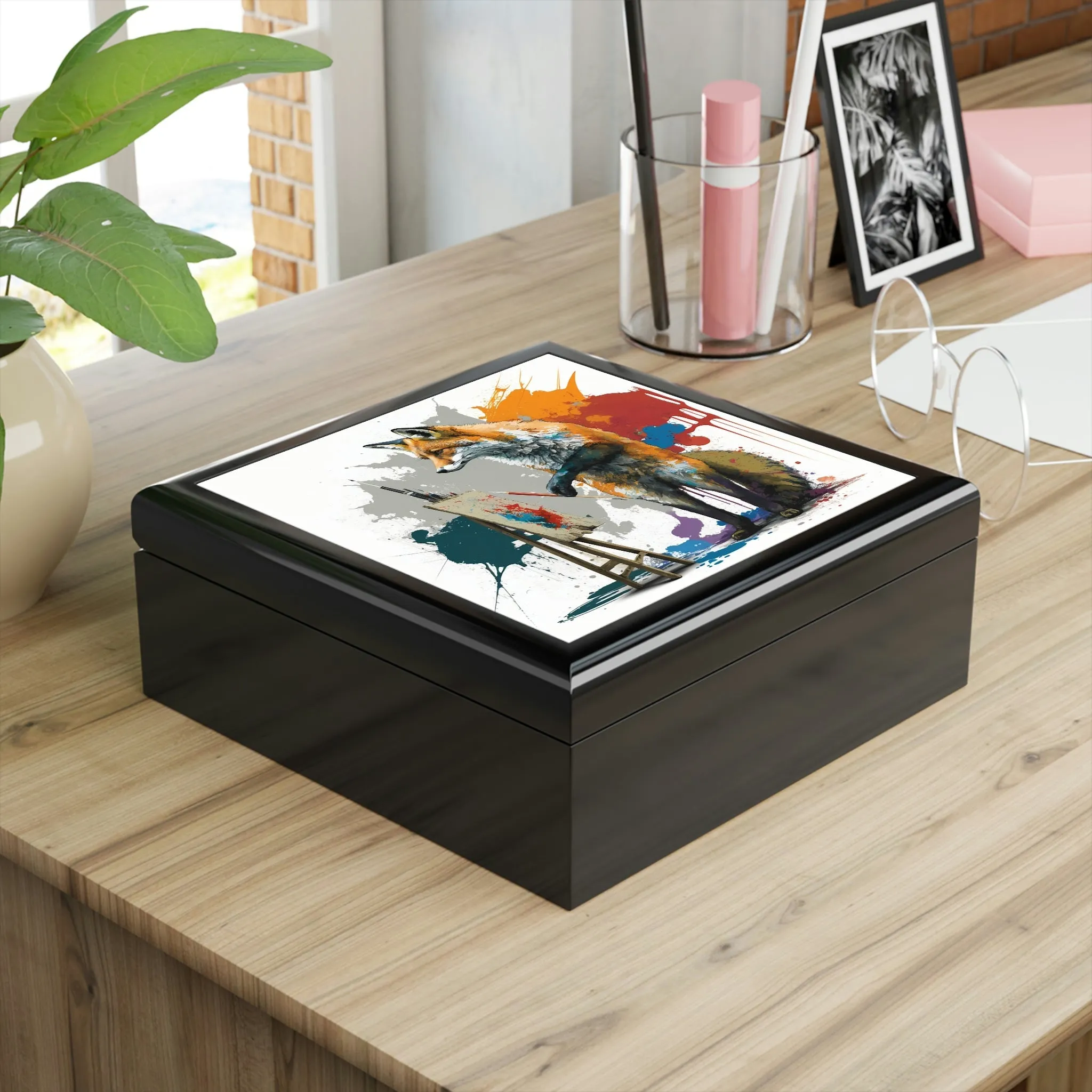 Artist Fox Wood Keepsake Jewelry Box with Ceramic Tile Cover