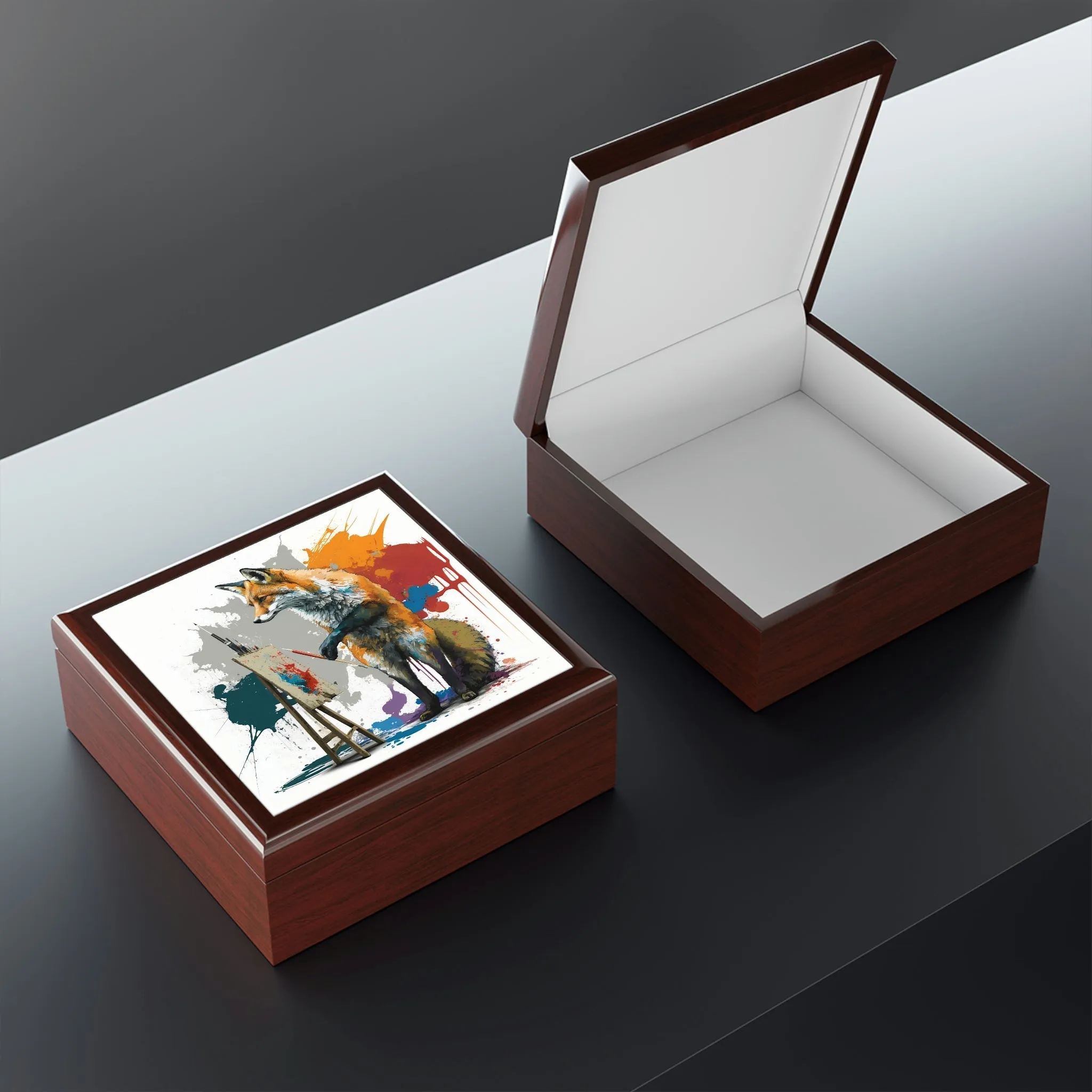 Artist Fox Wood Keepsake Jewelry Box with Ceramic Tile Cover