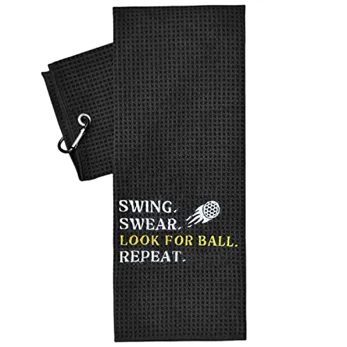 Artpreti Golf Towels, Premium Funny Golf Towel - Embroidered Golf Towels for Golf Bags with Clip, Golf Gifts for Men or Women, Swing Swear Look for Ball Repeat, Black