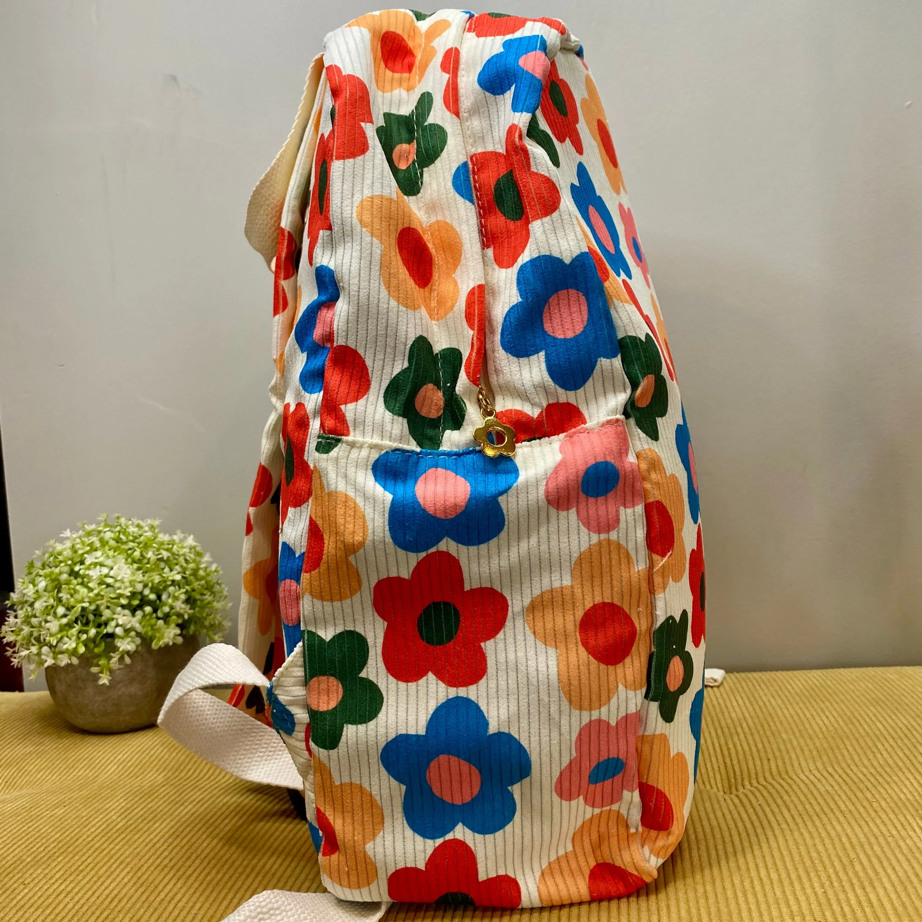 Backpack & Stand Up Rectangle Pouch Set - Corduroy - Colorful Floral