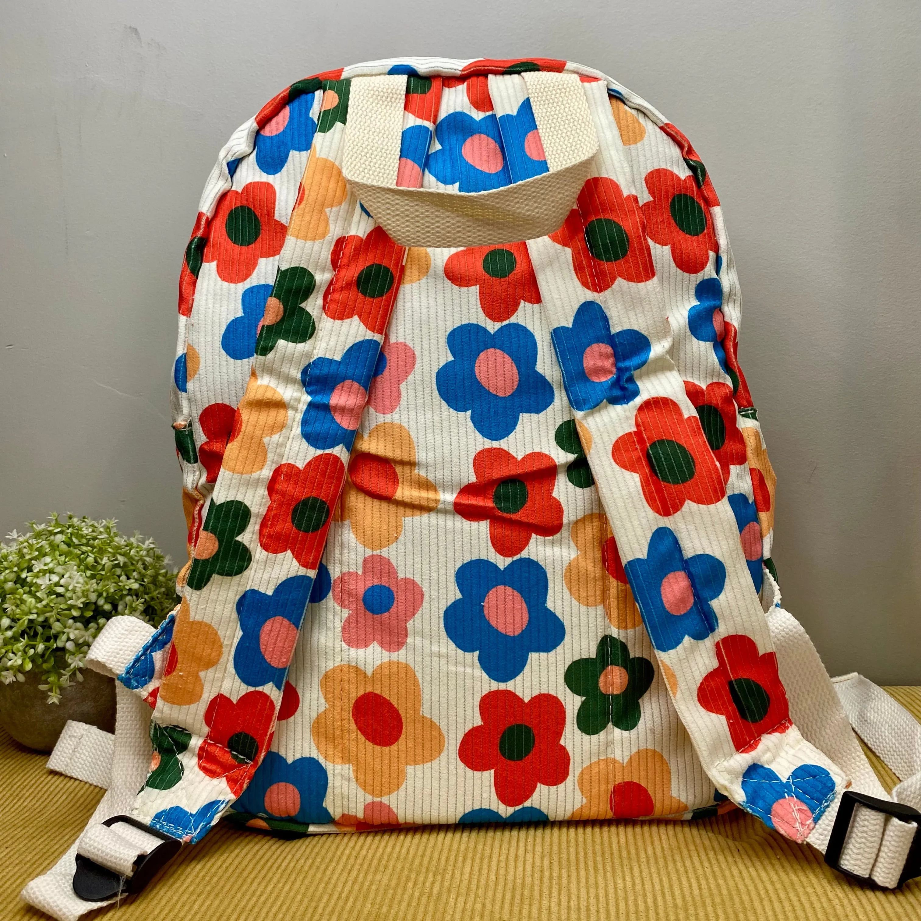 Backpack & Stand Up Rectangle Pouch Set - Corduroy - Colorful Floral