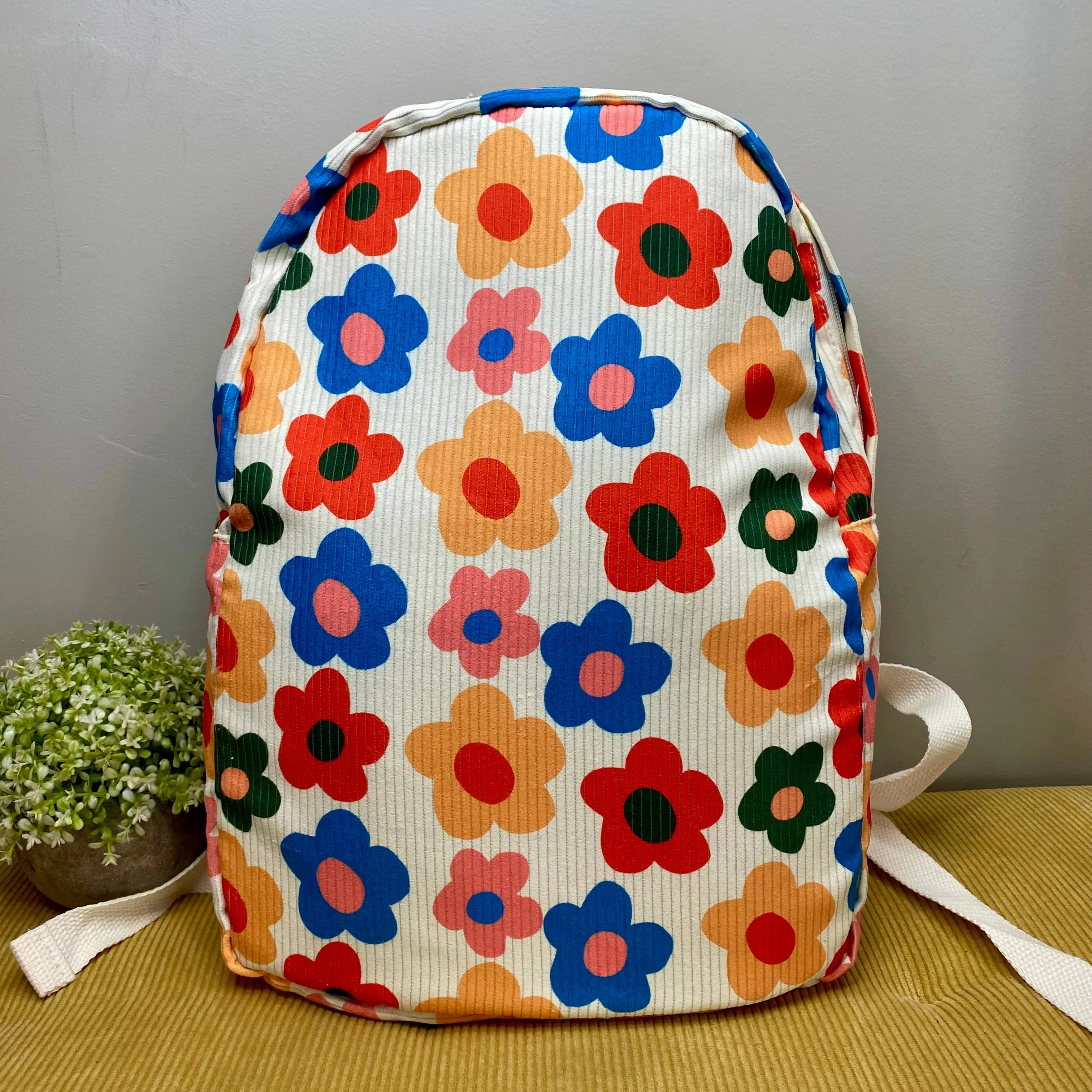 Backpack & Stand Up Rectangle Pouch Set - Corduroy - Colorful Floral