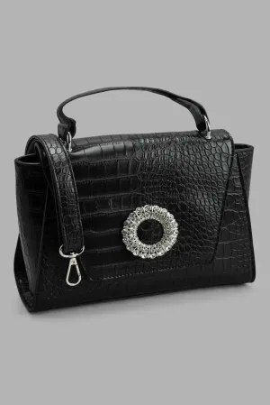 Black Croc Textured Day Bag