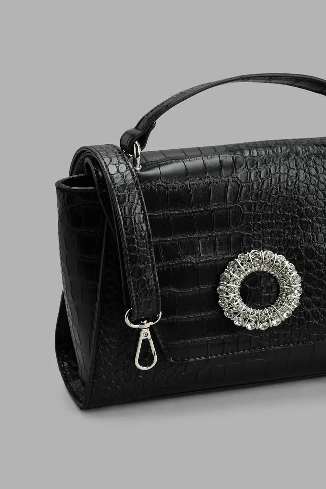 Black Croc Textured Day Bag