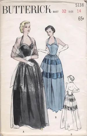 Butterick 5138 Womens Elegant Halter Cocktail Evening Prom Dress & Stole 1950s Vintage Sewing Pattern Size 14 Bust 32 inches UNUSED Factory Folded