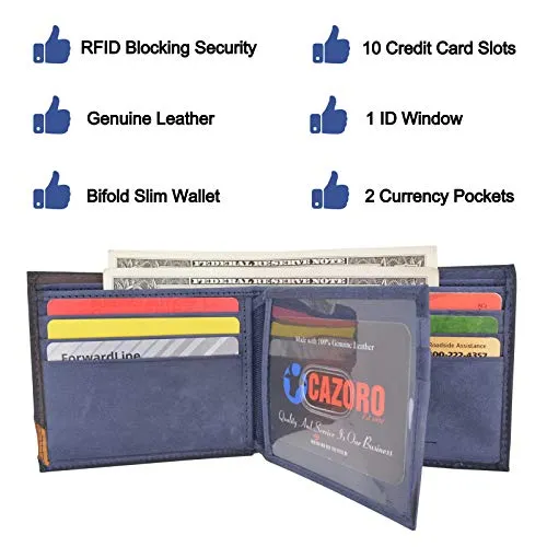Cazoro Front Pocket Wallet for Men RFID Blocking Leather Bifold ID Window Navy Blue Wallet