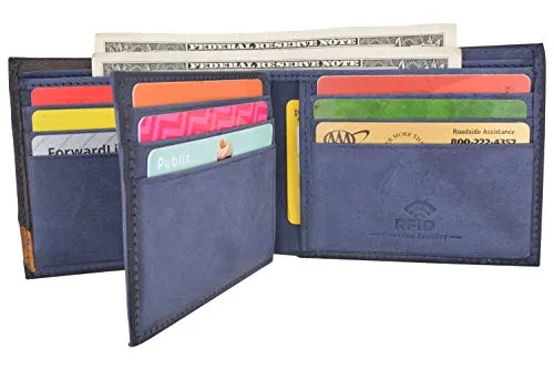 Cazoro Front Pocket Wallet for Men RFID Blocking Leather Bifold ID Window Navy Blue Wallet
