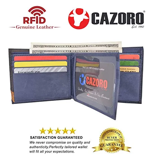 Cazoro Front Pocket Wallet for Men RFID Blocking Leather Bifold ID Window Navy Blue Wallet