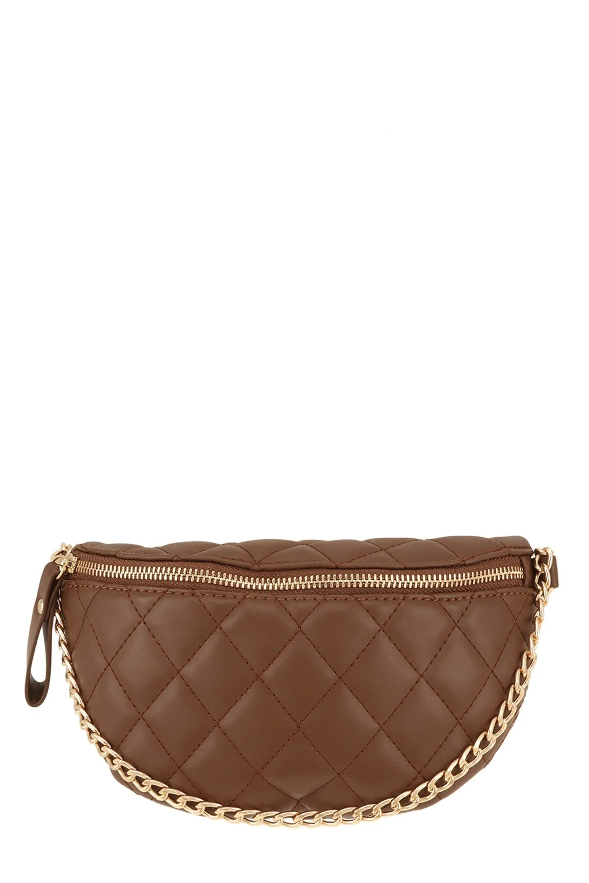 Chain Attached Quilted Fanny Bag, Brown or Taupe