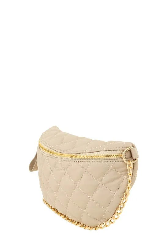 Chain Attached Quilted Fanny Bag, Brown or Taupe