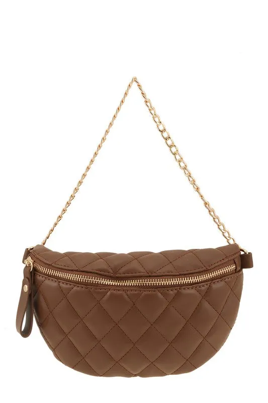 Chain Attached Quilted Fanny Bag, Brown or Taupe