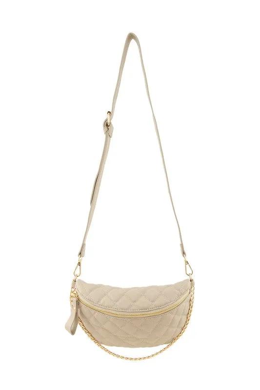 Chain Attached Quilted Fanny Bag, Brown or Taupe