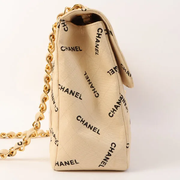 Chanel Around 1995 Made Canvas Logo Print Classic Flap Chain Bag Maxi Beige