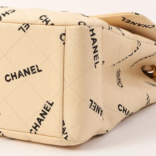 Chanel Around 1995 Made Canvas Logo Print Classic Flap Chain Bag Maxi Beige