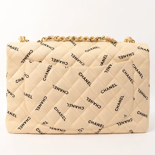 Chanel Around 1995 Made Canvas Logo Print Classic Flap Chain Bag Maxi Beige
