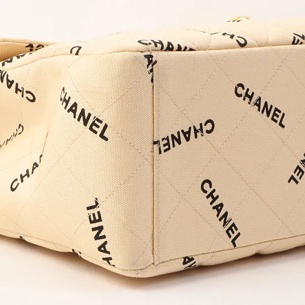 Chanel Around 1995 Made Canvas Logo Print Classic Flap Chain Bag Maxi Beige