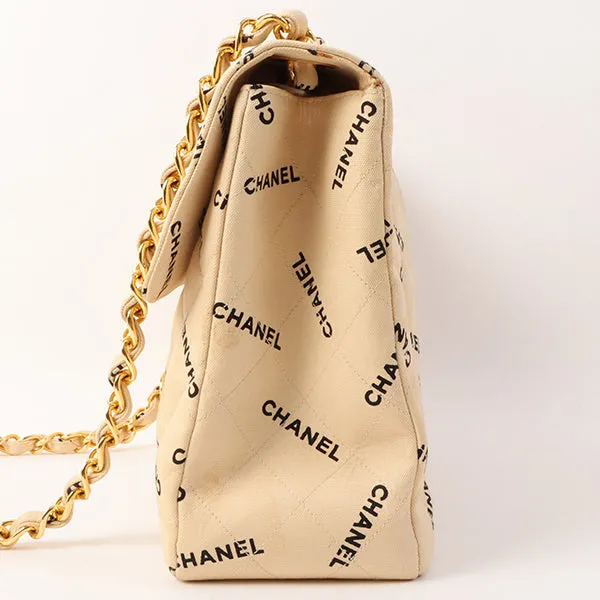 Chanel Around 1995 Made Canvas Logo Print Classic Flap Chain Bag Maxi Beige