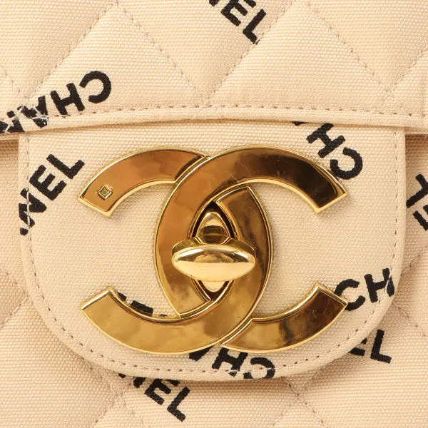 Chanel Around 1995 Made Canvas Logo Print Classic Flap Chain Bag Maxi Beige