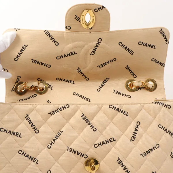 Chanel Around 1995 Made Canvas Logo Print Classic Flap Chain Bag Maxi Beige