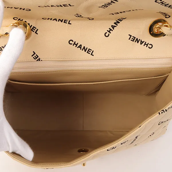 Chanel Around 1995 Made Canvas Logo Print Classic Flap Chain Bag Maxi Beige