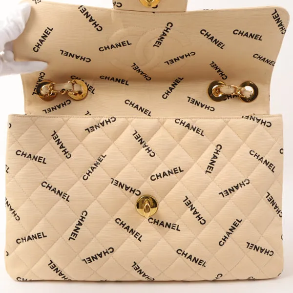 Chanel Around 1995 Made Canvas Logo Print Classic Flap Chain Bag Maxi Beige