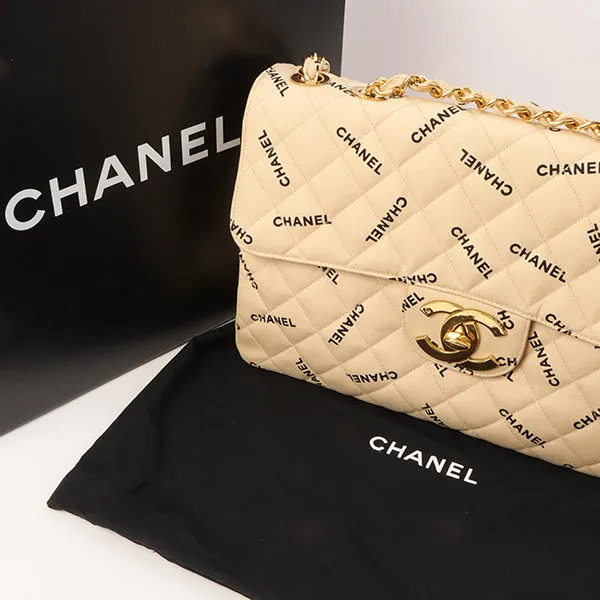 Chanel Around 1995 Made Canvas Logo Print Classic Flap Chain Bag Maxi Beige