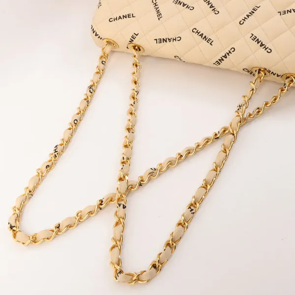 Chanel Around 1995 Made Canvas Logo Print Classic Flap Chain Bag Maxi Beige
