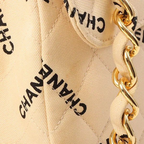 Chanel Around 1995 Made Canvas Logo Print Classic Flap Chain Bag Maxi Beige
