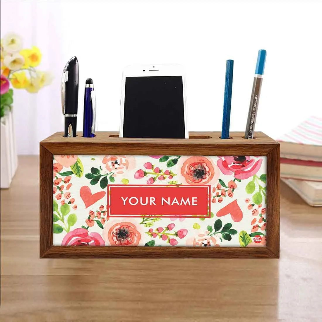 Custom-Made Wooden pen organizer Mobile Stand - Watercolor Flowers