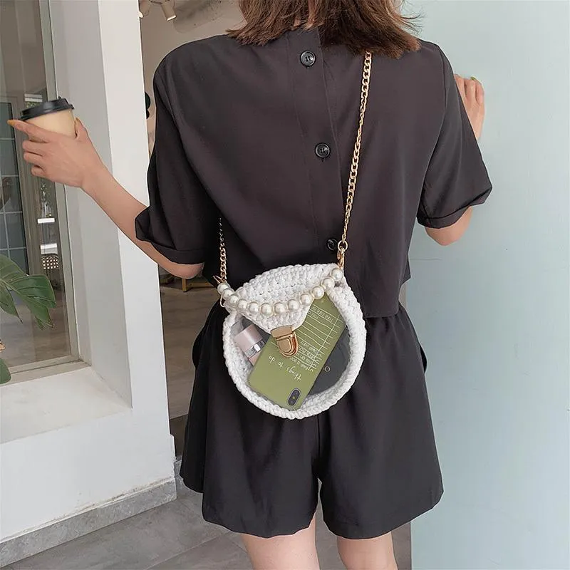 Cute Round Colorful(No Flap) Crochet Crossbody Purse PMMA Crochet Shoulder Round Handbag for Girl Circle Crochet Crossbody Purses