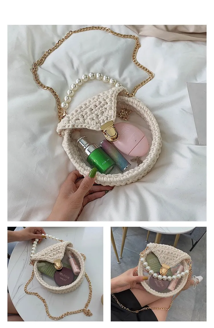 Cute Round Colorful(No Flap) Crochet Crossbody Purse PMMA Crochet Shoulder Round Handbag for Girl Circle Crochet Crossbody Purses