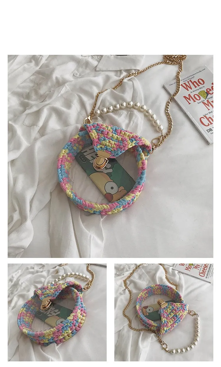 Cute Round Colorful(No Flap) Crochet Crossbody Purse PMMA Crochet Shoulder Round Handbag for Girl Circle Crochet Crossbody Purses