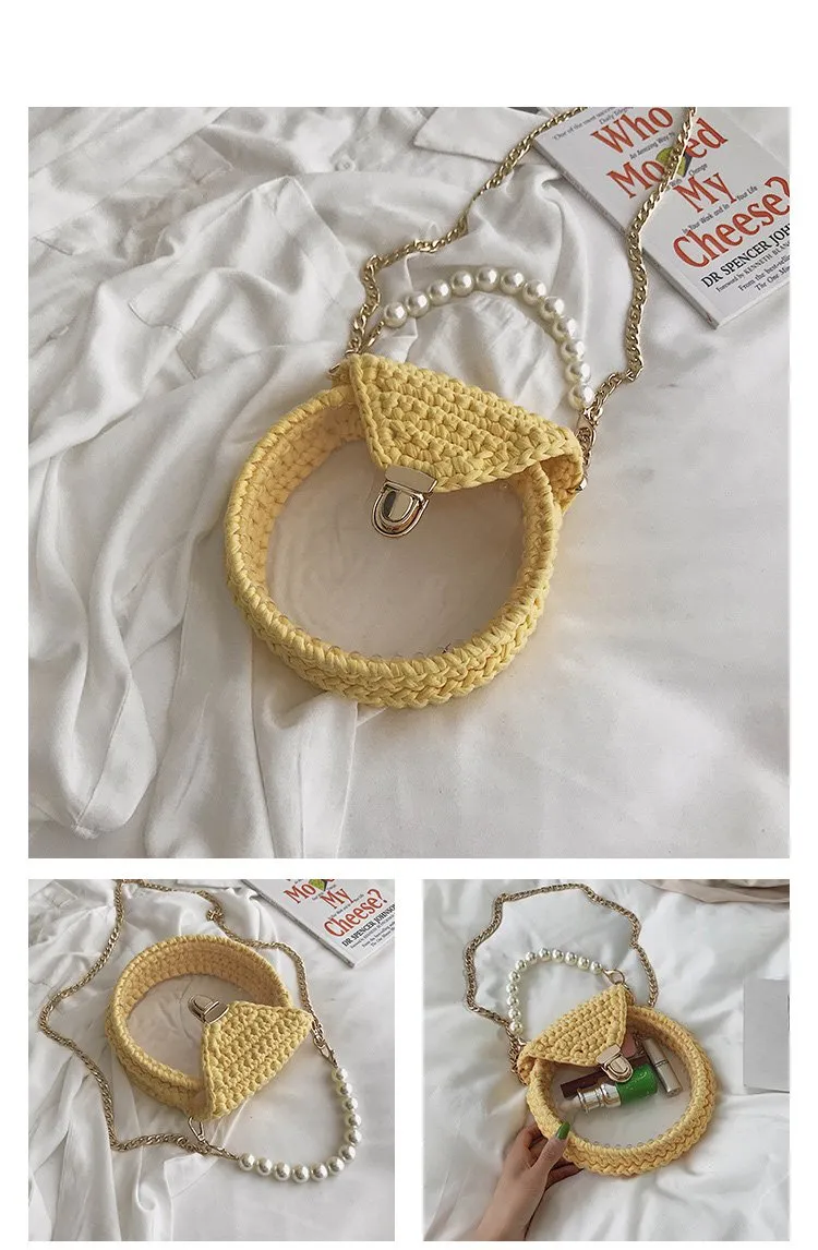 Cute Round Colorful(No Flap) Crochet Crossbody Purse PMMA Crochet Shoulder Round Handbag for Girl Circle Crochet Crossbody Purses