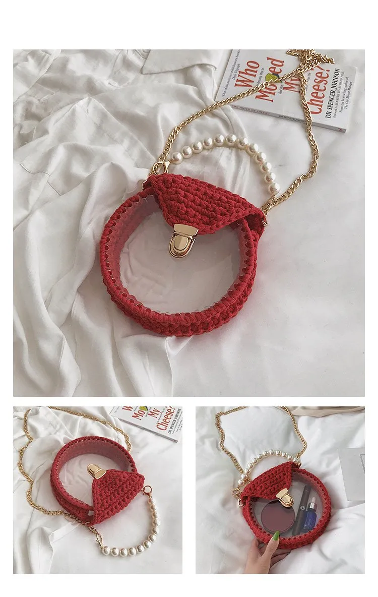 Cute Round Colorful(No Flap) Crochet Crossbody Purse PMMA Crochet Shoulder Round Handbag for Girl Circle Crochet Crossbody Purses
